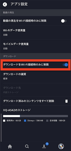 ダウンロードをWi-Fi接続時のみに設定する画面