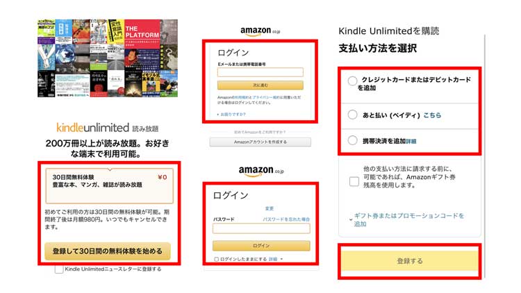 Kindle Unlimitedの30日間無料トライアルに登録する手順